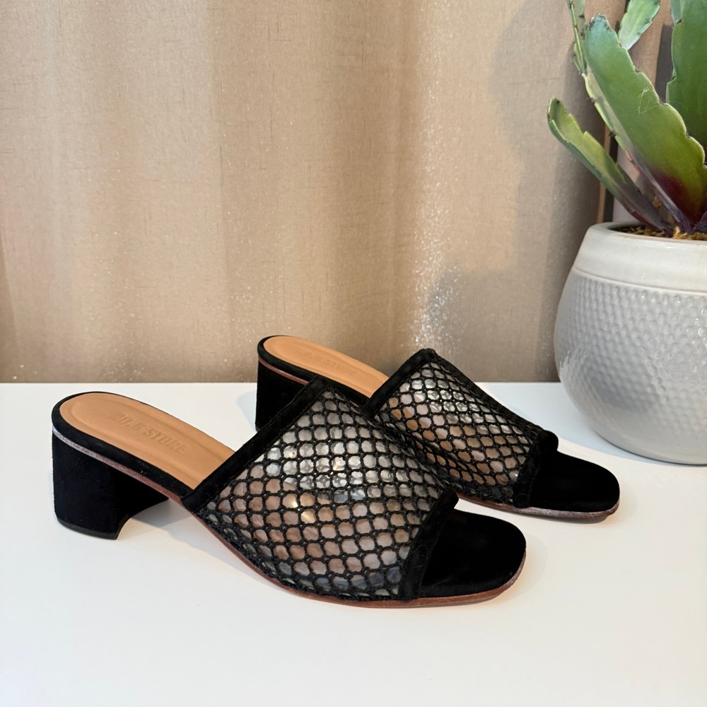 No.6 Store Black Suede Mesh Netting Block Heel Oma Mules Sandals Womens 11 Peru